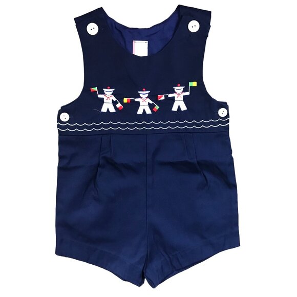 Vintage Embroidered Sailor Shortalls Navy Blue‎ Buttons Classic, Preppy, Boys 3T - Picture 1 of 8